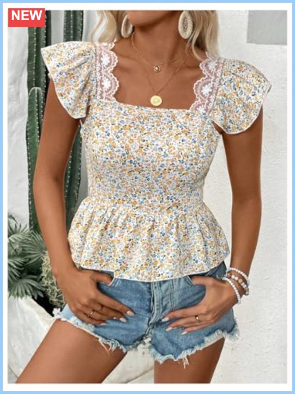 Floral Boho Blouse Bow Tie Back Ruffle Sleeve Lace Cute Top - Picture 4 of 5